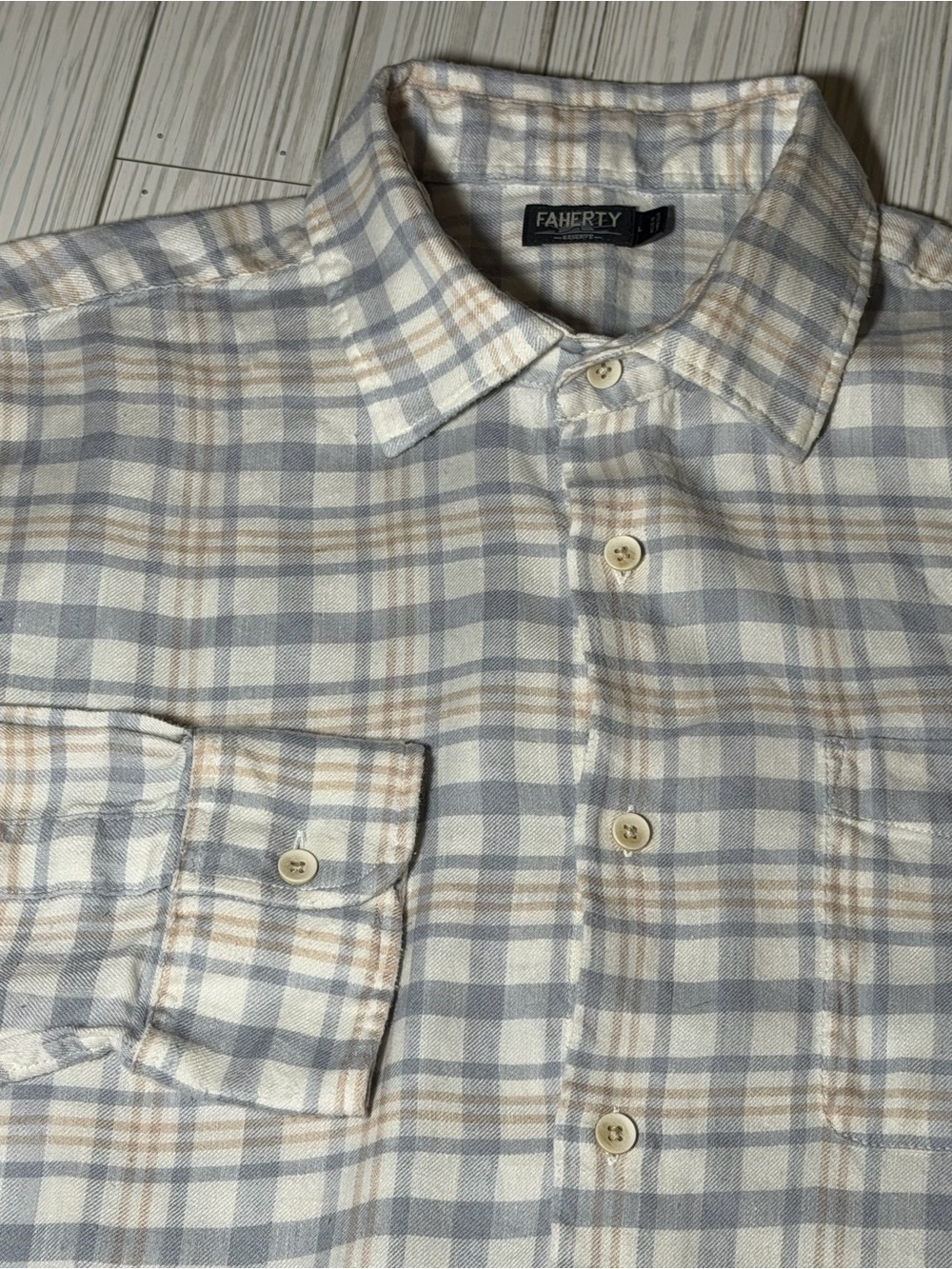 Faherty Reserve Plaid Flannel Shirt Mens Large Linen Tencel Blue Beige Button Up